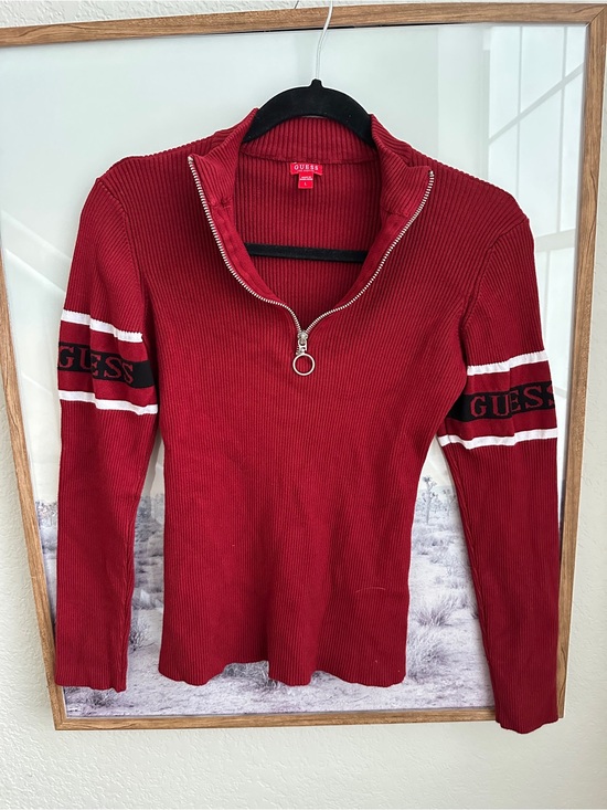 Guess Sweaters - GUESS Los Angeles Women’s L Burgundy Ribbed Quarter Zip Logo Sweater Y2K